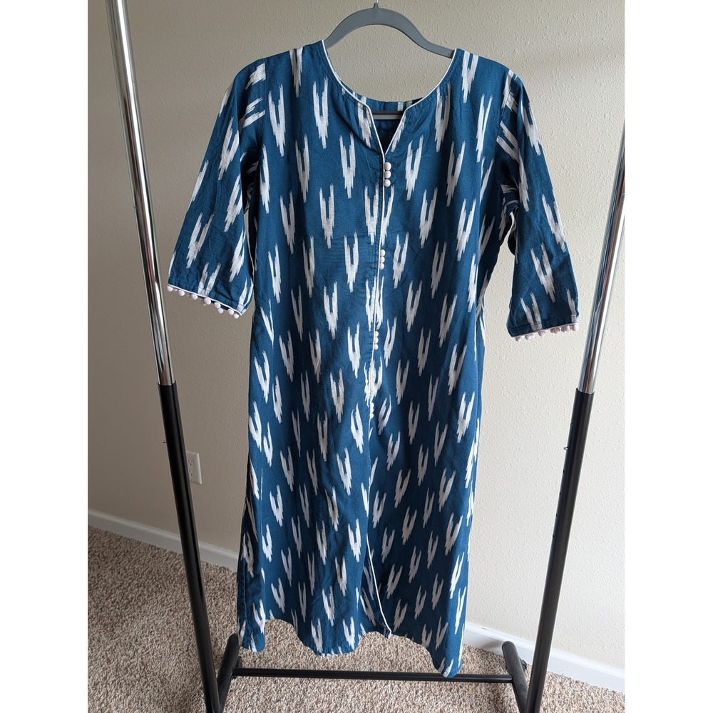 Blue Ikat Print Tunic Dress Pom Pom Trim 3/4 Sleeve Midi Kurta Split V-Neck